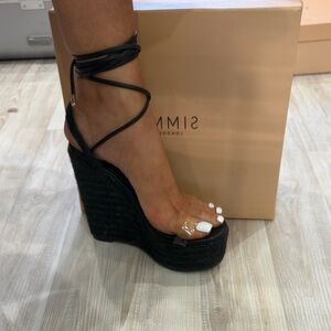 Black Lace-Up Espadrille Wedge Sandals with Clear Toe Strap - Women